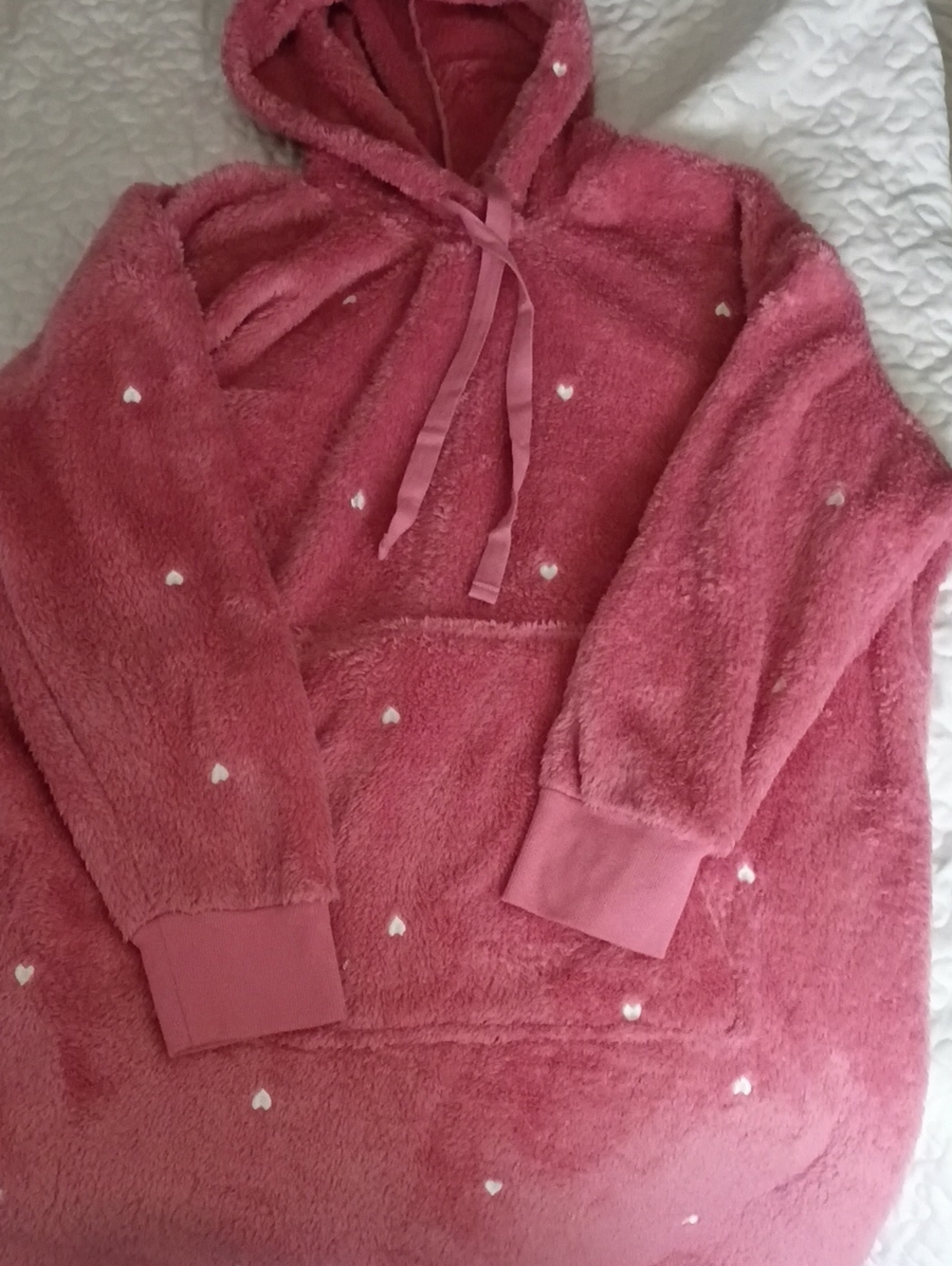 Pink Fuzzy Hooded Pullover with Tiny Heart Accents